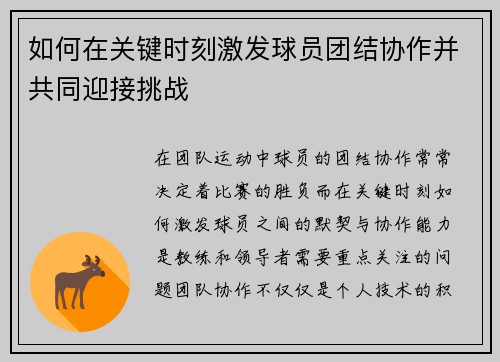 如何在关键时刻激发球员团结协作并共同迎接挑战 如何在关键时刻激发球员团结协作并共同迎接挑战
